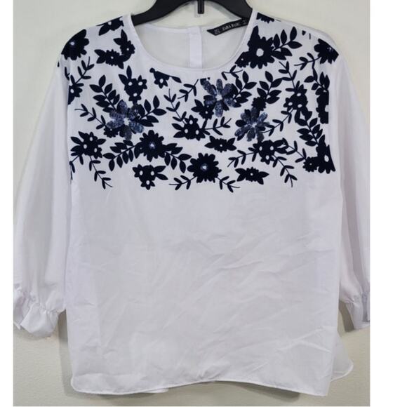 Zara Basic Shirt Womens Medium Sequins Ruffled Modern French Sleek Clean Blouse - Picture 1 of 8